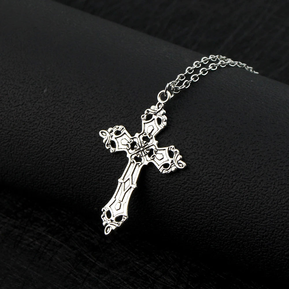Gothic vintage cross pendant necklace by PressureDen.store featuring edgy Y2K grunge chain jewelry for men and women.