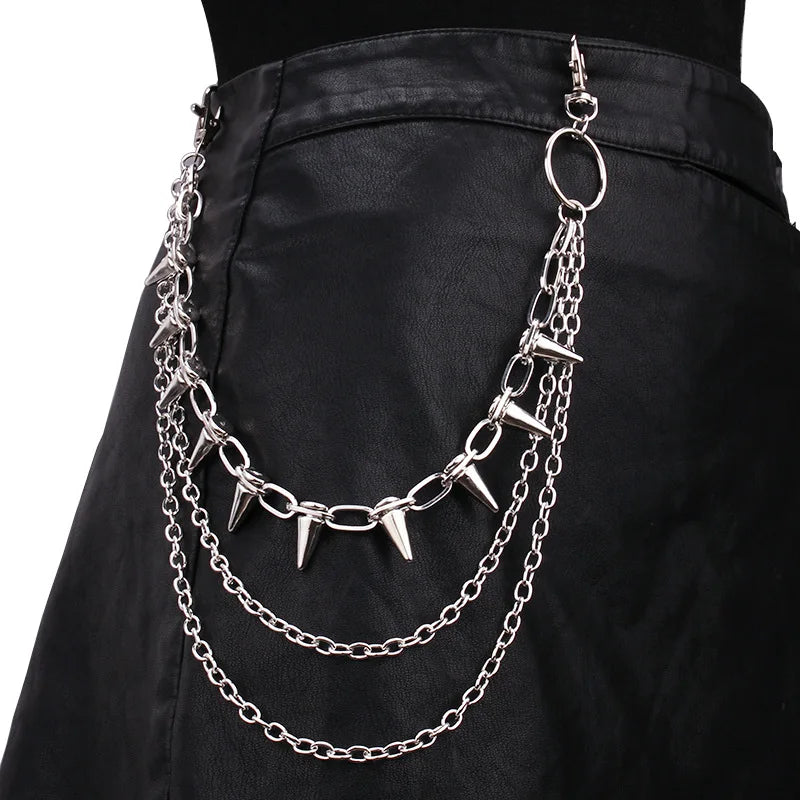 Layered punk spike and chain keychains for men and women, featuring edgy biker style accessories with spikes and chains.