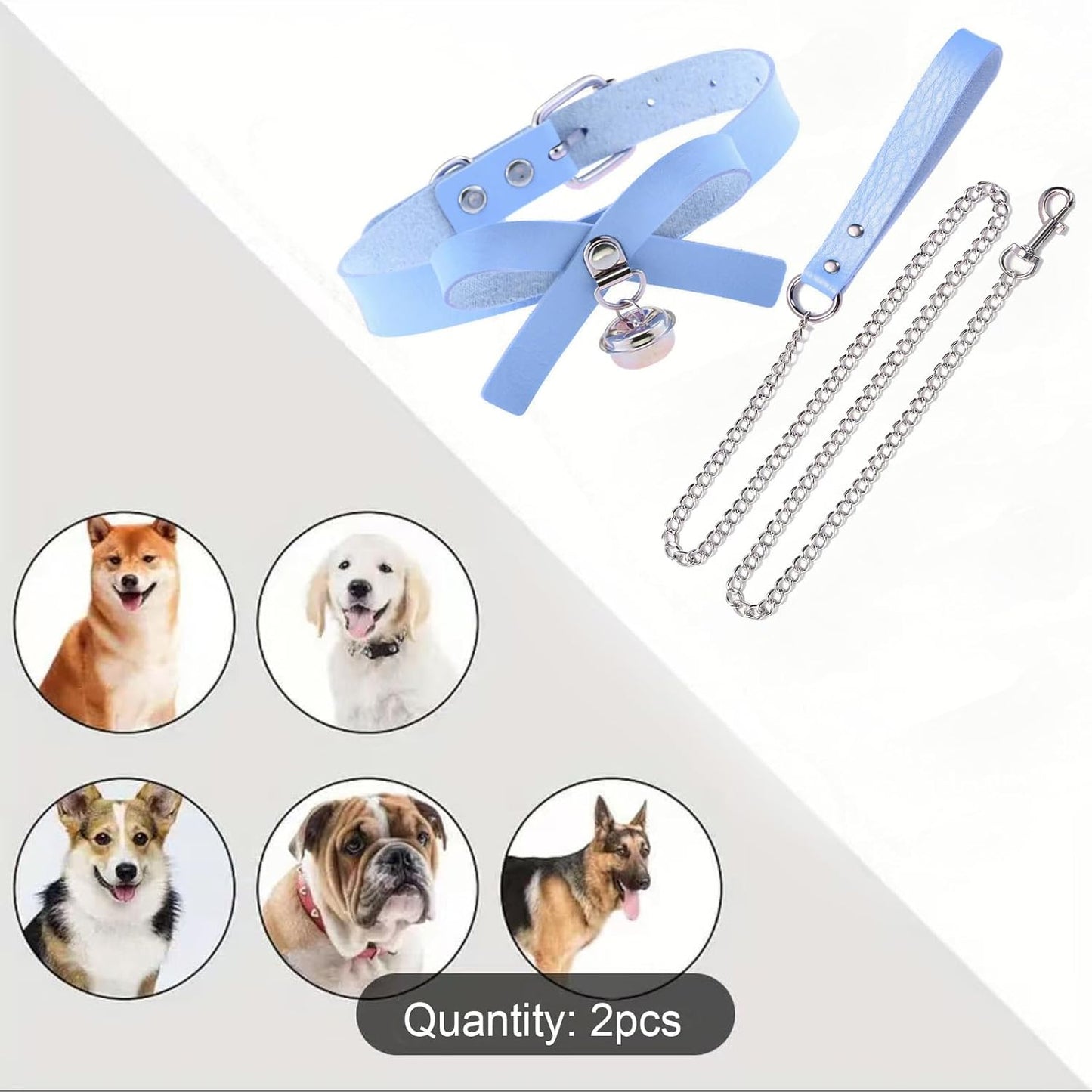 Heavy duty Tosmifairy dog leash with baby blue metal chain and PU handle, featuring a stylish bell collar for medium to large pets.
