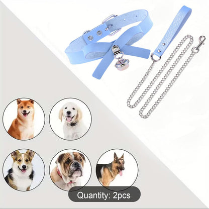 Heavy duty Tosmifairy dog leash with baby blue metal chain and PU handle, featuring a stylish bell collar for medium to large pets.