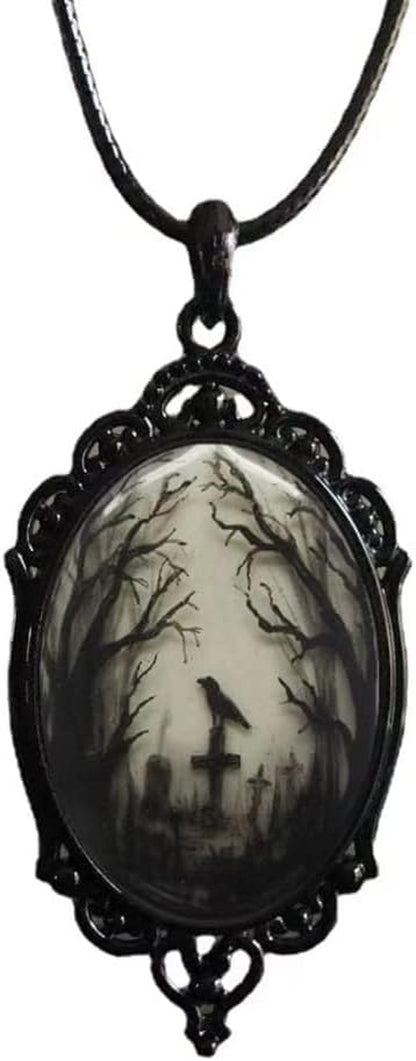 Goth Raven Cameo Necklace - Gothic Crow Pendant, Vintage Halloween Witch Jewelry for Women