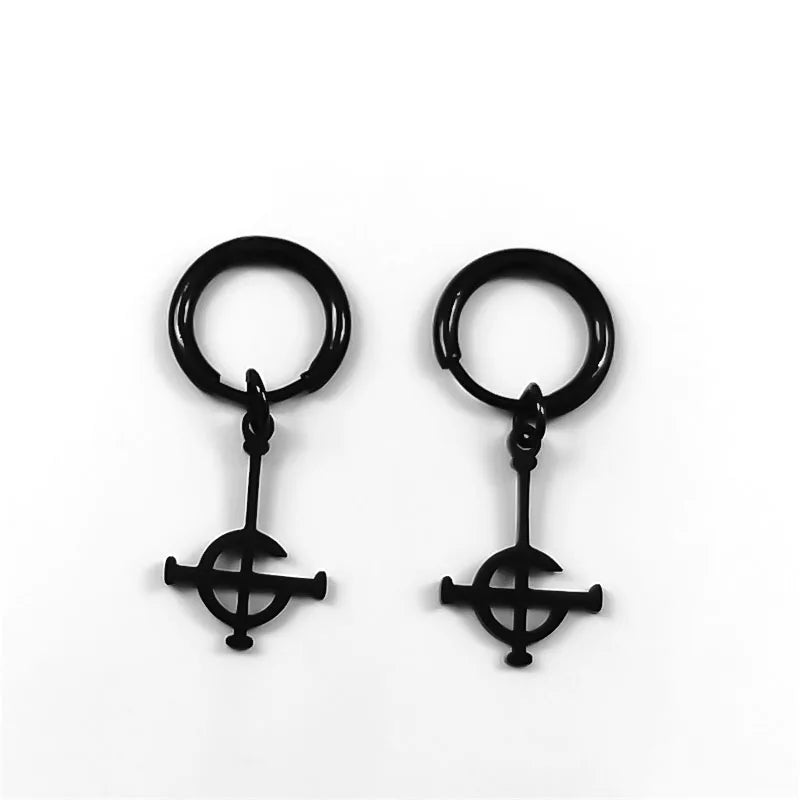 Gothic Ghost BC Nameless dangle earrings with stainless steel ghoul band, pope emeritus mask, and crucifix drop jewelry.