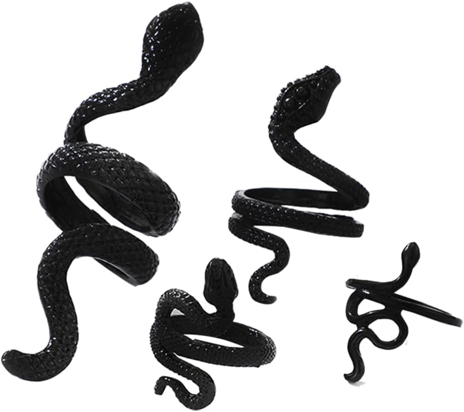 Adjustable black snake rings set by ONBRIG featuring vintage gothic punk jewelry for women, perfect for Halloween accessories.