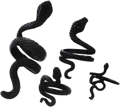 Adjustable black snake rings set by ONBRIG featuring vintage gothic punk jewelry for women, perfect for Halloween accessories.