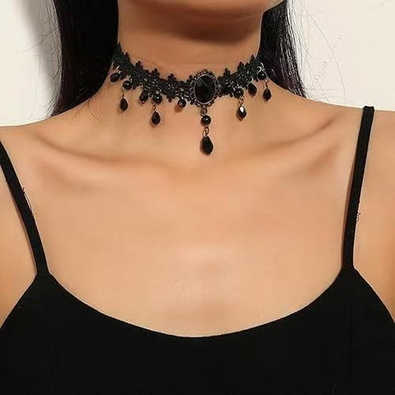 Black lace fingerless gloves and velvet choker set by YAIZLBCA, perfect for gothic Halloween, parties, and cosplay costumes.