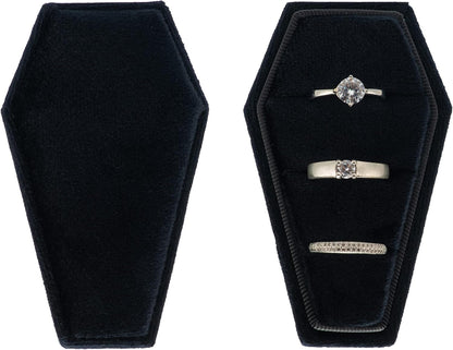 Velvet Coffin Ring Box Case Holder 3 Slots for Gothic Wedding Ceremony,Gothic Jewelry Organizer Decorations (Black)