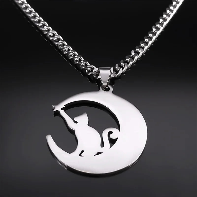 Gothic cat crescent moon necklace with pentagram and Celtic knot design in stainless steel, witch jewelry for women