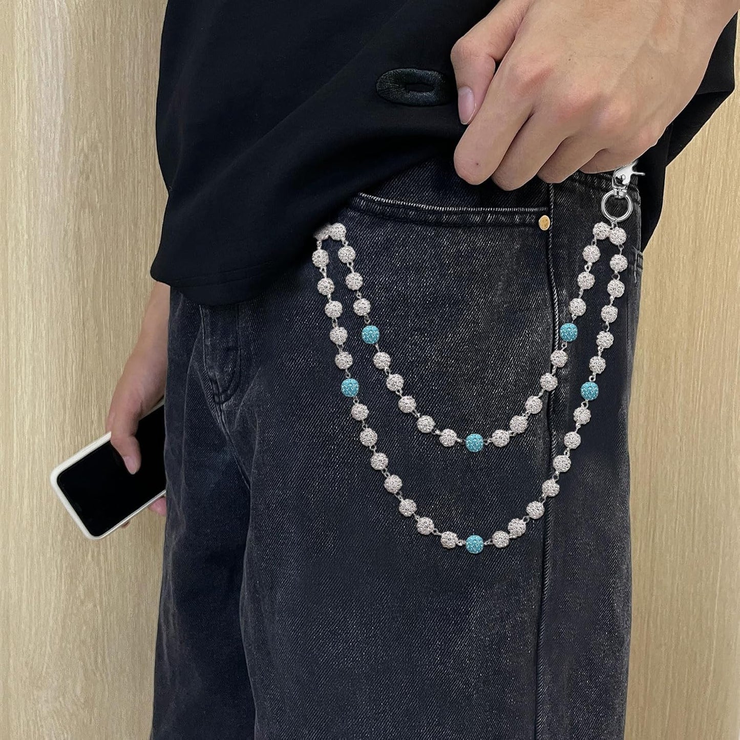 Hip Hop Wallet Chain for Men Jeans Pocket Belt Layered Chain Disco Rhinestone Beads Baseball Drip Punk Jewelry Gifts Goth Accessories for Men