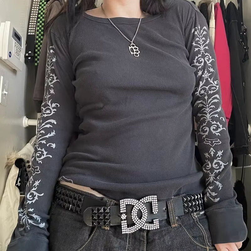 Black Y2K cyber grunge long sleeve T-shirt for women with retro Harajuku patchwork and gothic style, from PressureDen.store.