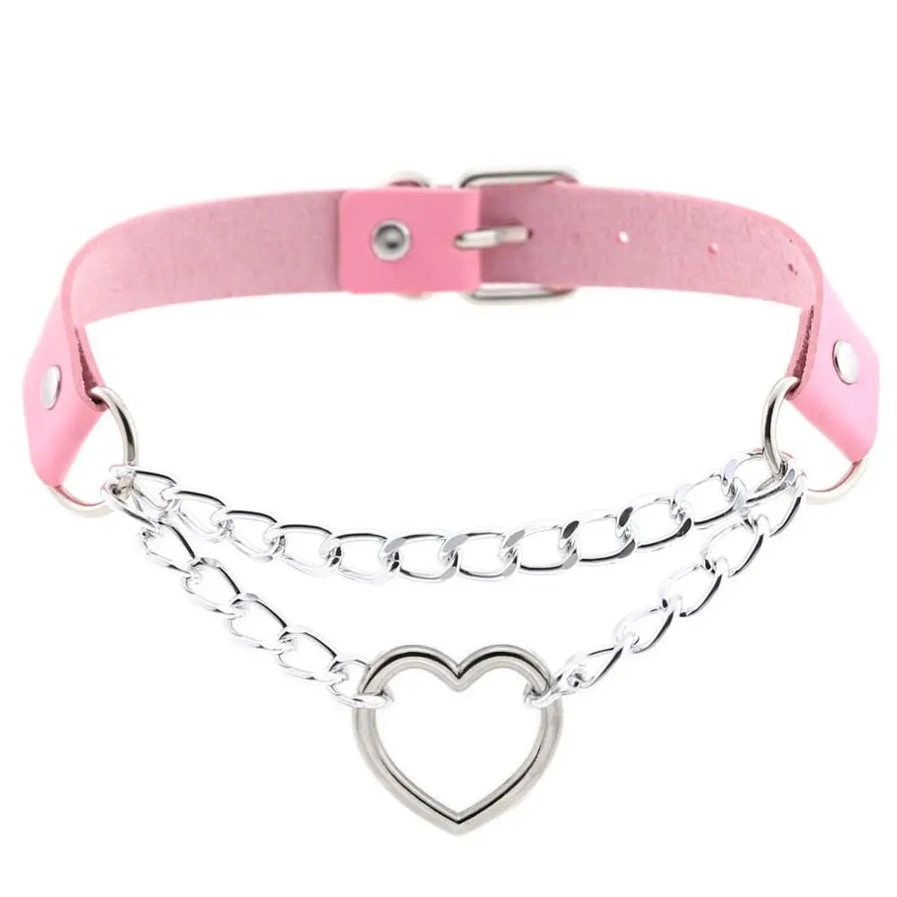 Black leather Gothic heart choker necklace with chain detail, ideal for punk and emo styles.