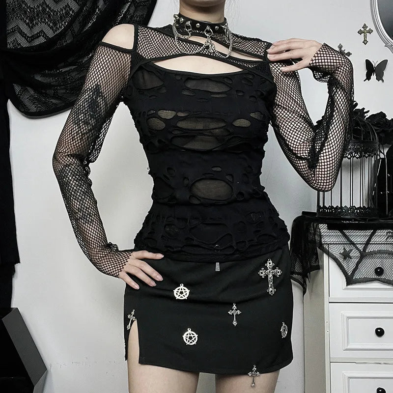 Edgy Frayed Mall Gothic Fishnet Long Sleeve Blouse - Sexy Grunge Punk Streetwear Top for Women