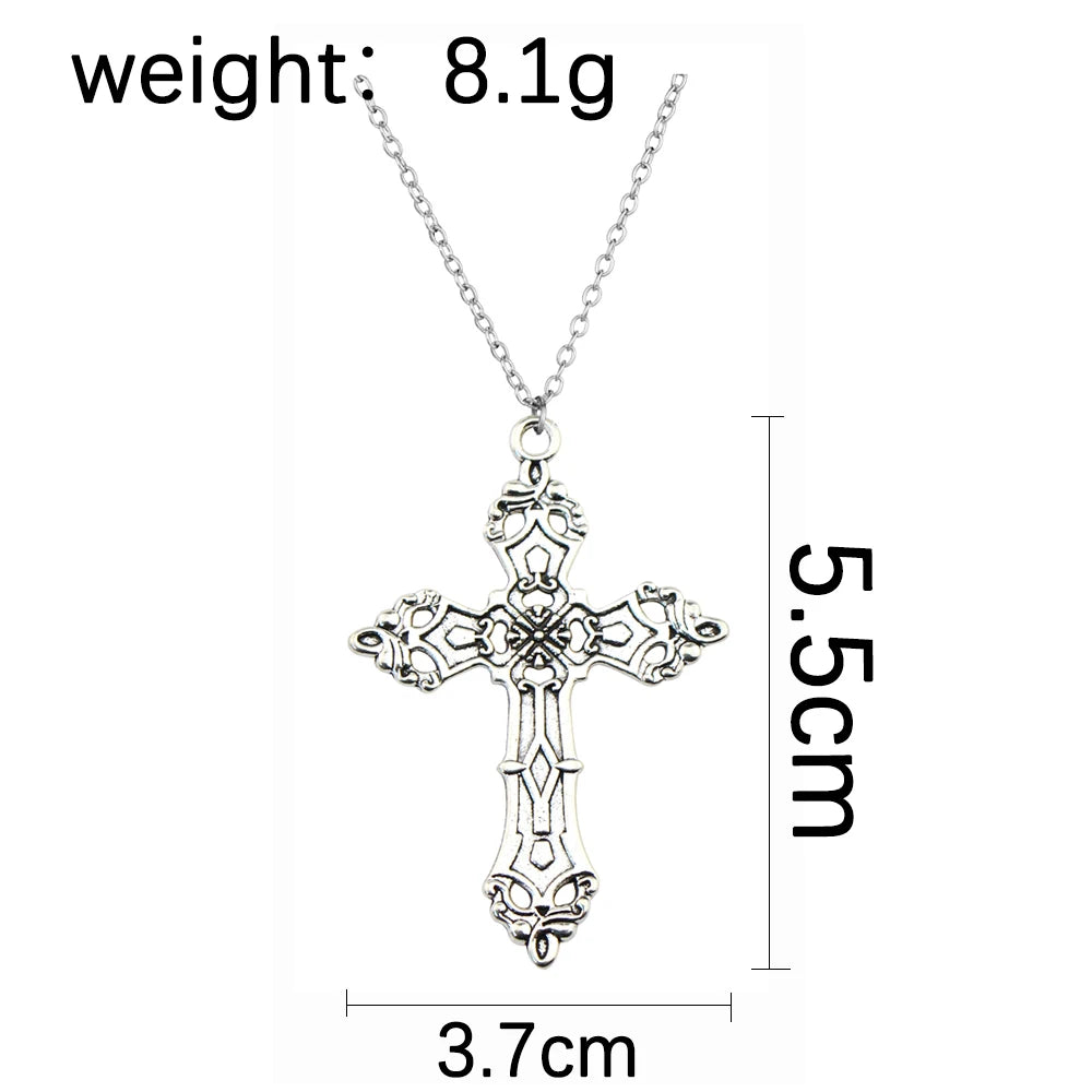 Gothic vintage cross pendant necklace with edgy Y2K grunge chain, unisex jewelry for men and women, featuring dark metal design.