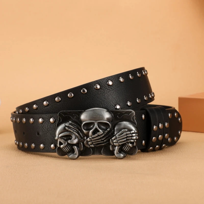 Black leather punk goth rivet belt with paw skull buckle, high-quality design for men and women, from PressureDen.store
