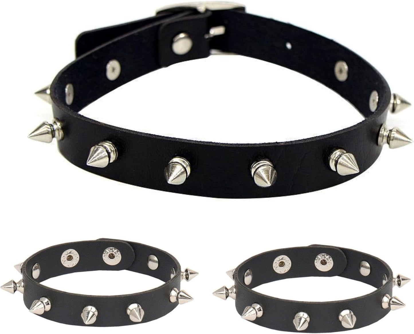 3Pcs Punk Accessories Choker Necklace and Spiky Bracelet for Women Men, Punk Jewelry Spiked Bracelets Studded Bracelet Leather Choker