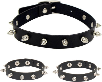 3Pcs Punk Accessories Choker Necklace and Spiky Bracelet for Women Men, Punk Jewelry Spiked Bracelets Studded Bracelet Leather Choker
