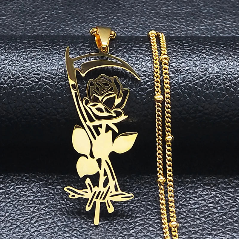 Goth Sickle Rose Flower Necklace for Women Men Stainless Steel Black Color Gothic Chain Aesthetic Jewelry Colier Femme N3834S02