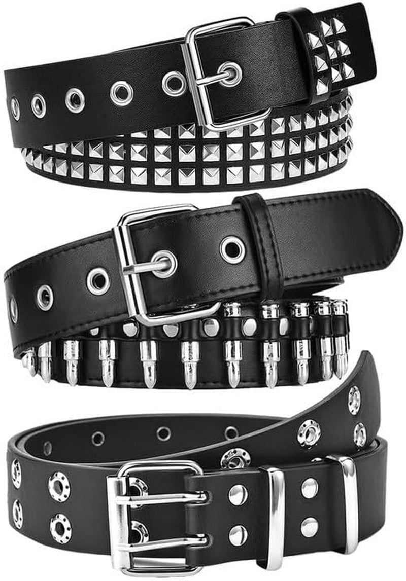 WQYILEAER 3-piece studded Y2K emo goth punk rock belt set with bullet details, featuring black leather straps for men and women.