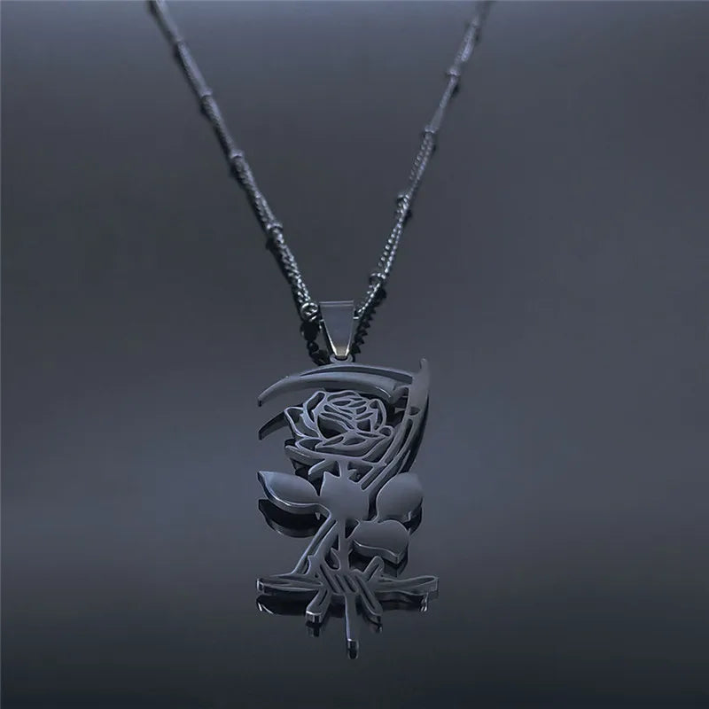 Goth Sickle Rose Flower Necklace for Women Men Stainless Steel Black Color Gothic Chain Aesthetic Jewelry Colier Femme N3834S02