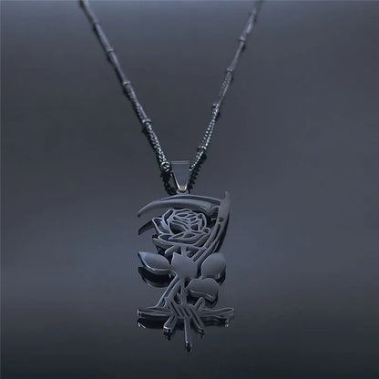 Goth Sickle Rose Flower Necklace for Women Men Stainless Steel Black Color Gothic Chain Aesthetic Jewelry Colier Femme N3834S02