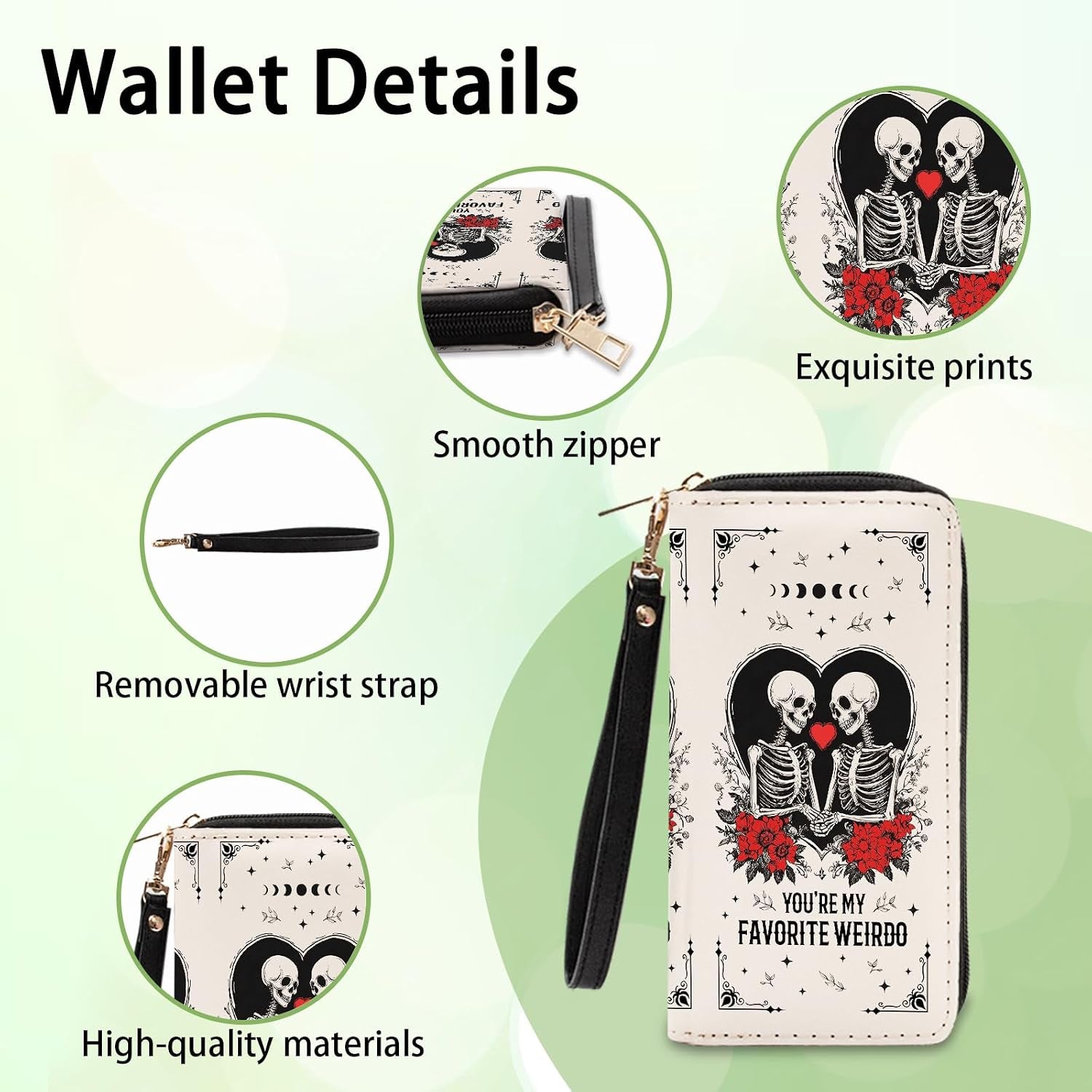 Gothic Romance Skull wallet by Ialtsidws featuring slim PU leather design, zip coin purse, and card holder for women.