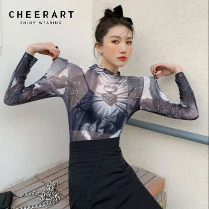Gothic mesh long sleeve turtleneck top for women featuring see-through graphic design, stylish and trendy from PressureDen.store