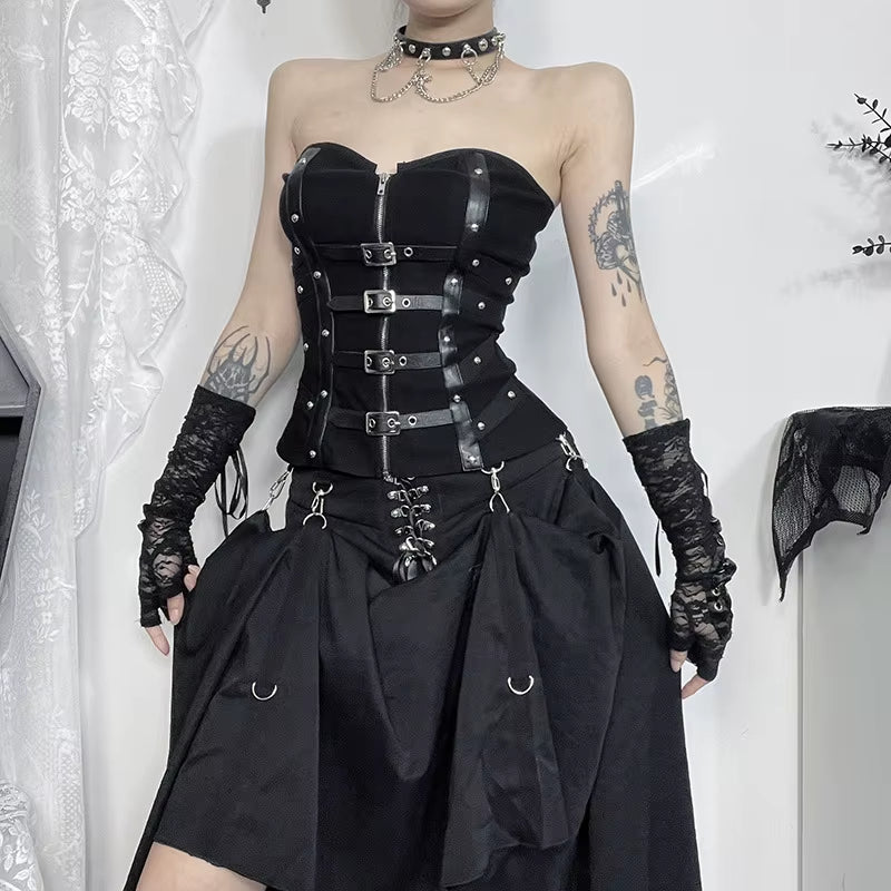 Black leather punk grunge corset top with buckle straps, Y2K gothic streetwear style, featuring edgy alternative fashion details.