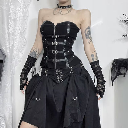 Black leather punk grunge corset top with buckle straps, Y2K gothic streetwear style, featuring edgy alternative fashion details.