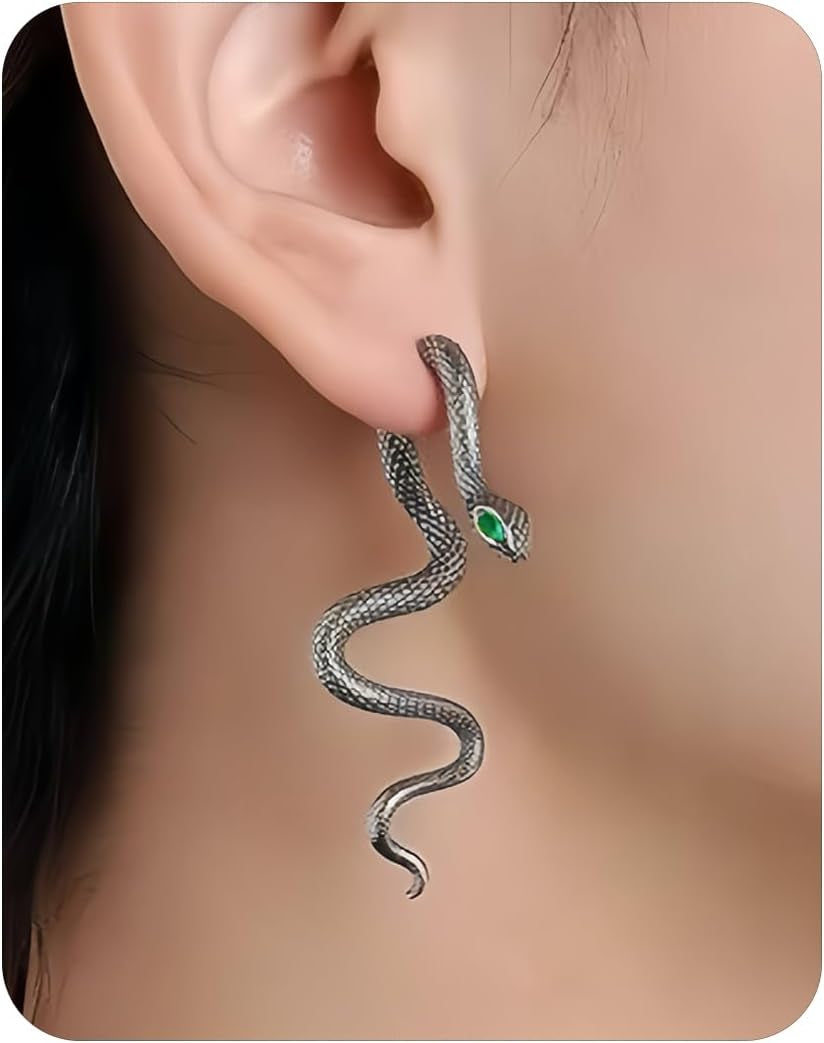 Vintage Gothic snake earrings by JSLOVFLO, gold and silver statement jewelry with intricate serpent design, perfect for Halloween style.