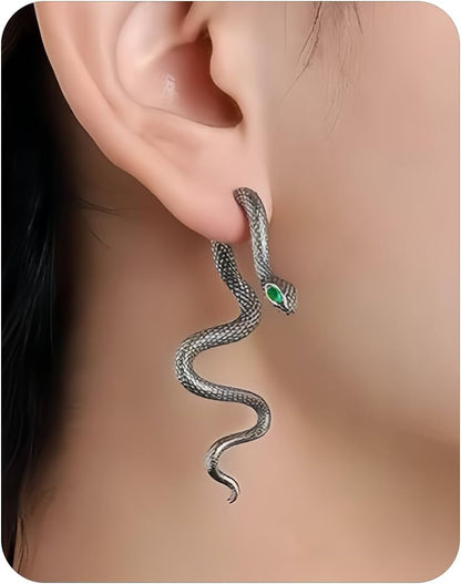 Vintage Gothic snake earrings by JSLOVFLO, gold and silver statement jewelry with intricate serpent design, perfect for Halloween style.