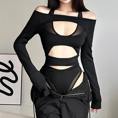 Black cyber Y2K punk hollow-out mesh bodysuit with long sleeves, layered gothic style for trendy women.
