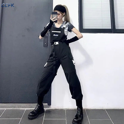 Gothic techwear cargo pants for women with high waist and detachable shorts, stylish Harajuku streetwear in black fabric.