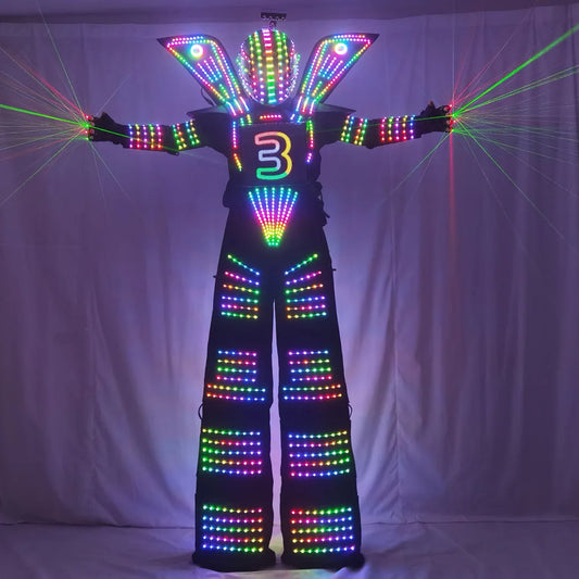 Transform Any Event with Our Spectacular LED Robot Costume – Featuring Stilt Walking, Luminous Jacket, and Laser Gloves!