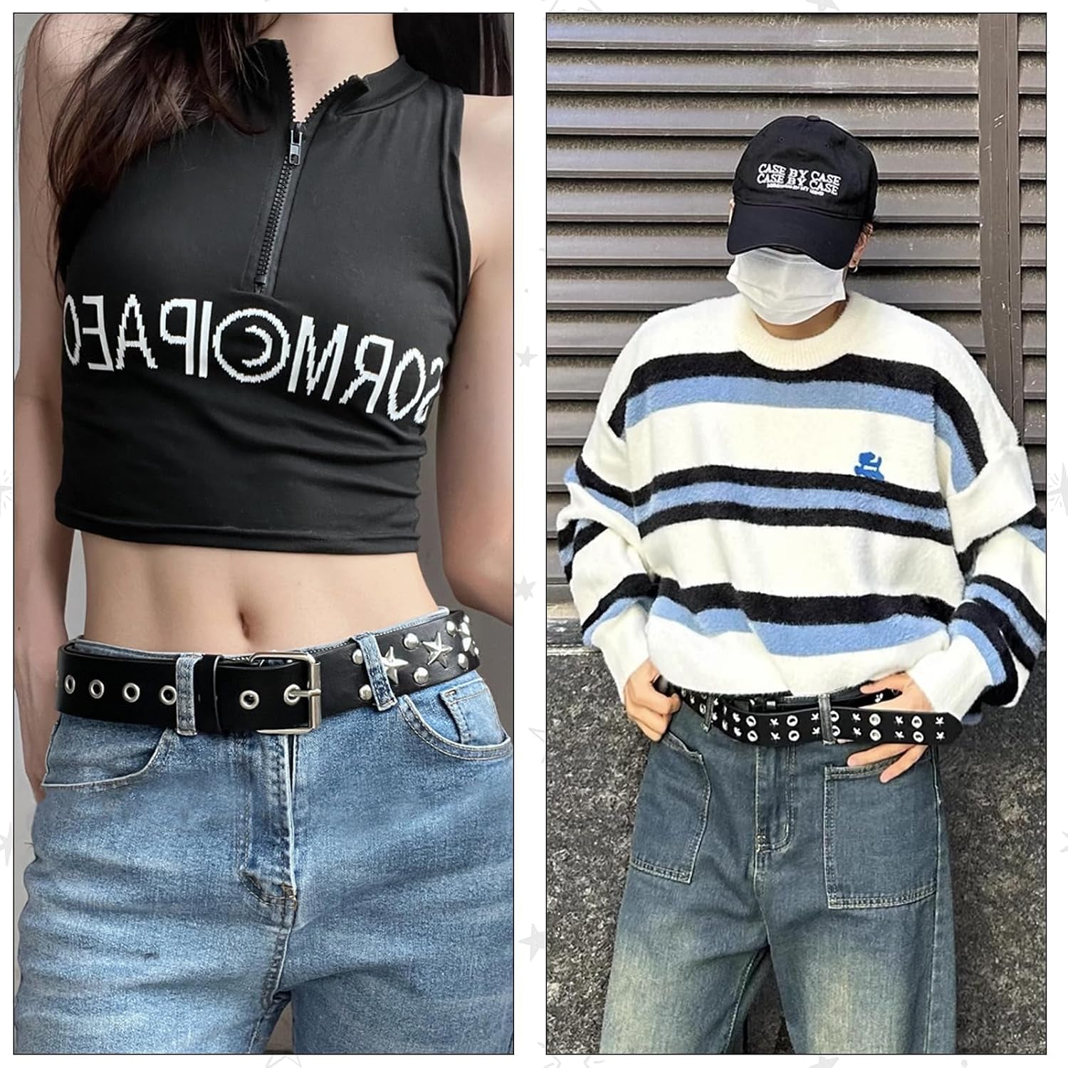 Black studded belt set with pyramid studs, double grommet design, featuring punk rock style for men and women from WQYILEAER.