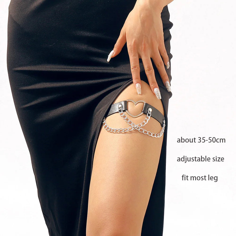 Sexy Leather Heart Belt Elastic Leg Thigh Garter Girl Women Harness Goth Accessories Black Gothic Rivet Punk Anklet