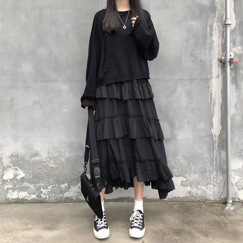 Gothic Lolita high-waisted asymmetrical midi long skirt with ruffles, suitable for summer fashion, styled for women.