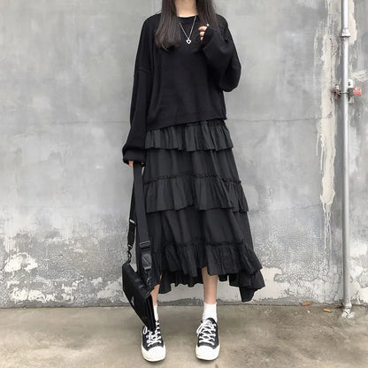 Gothic Lolita high-waisted asymmetrical midi long skirt with ruffles, suitable for summer fashion, styled for women.