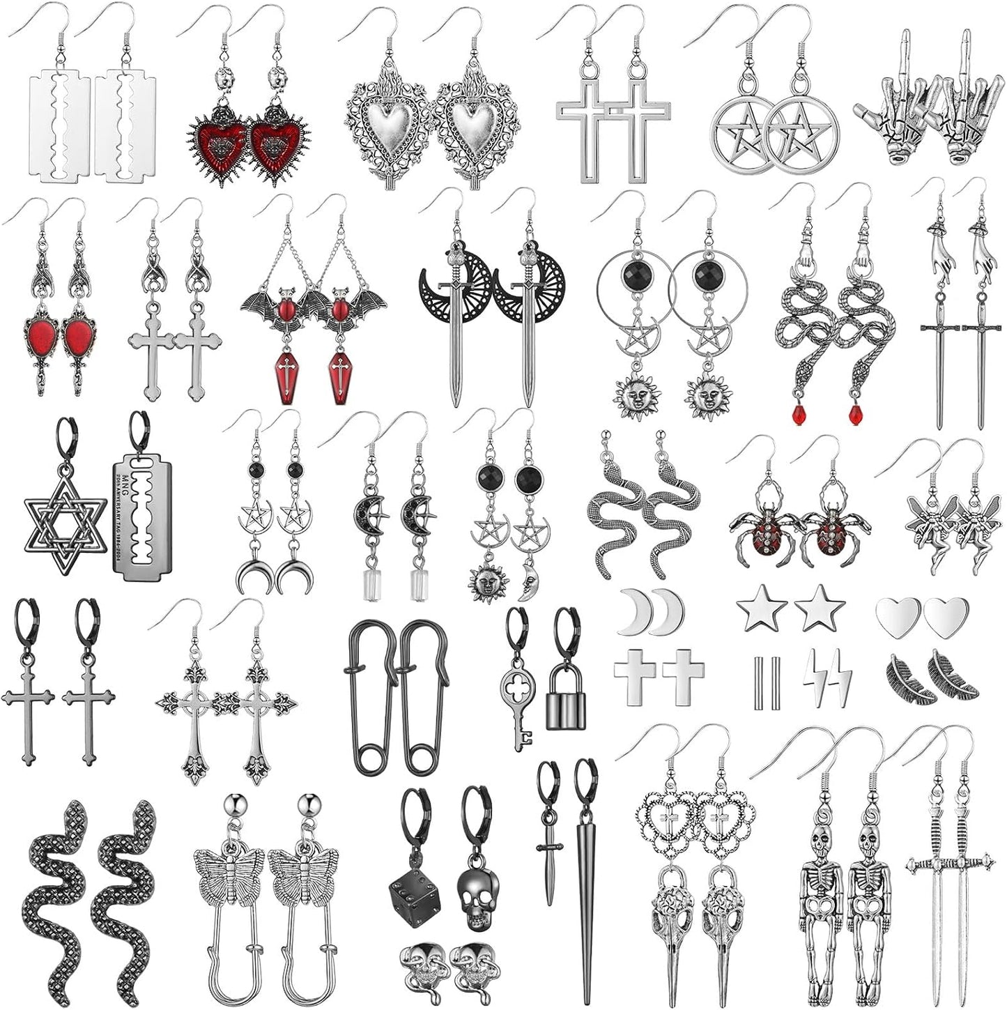 40 Pairs Gothic Earrings Set for Women Men Punk Grunge Y2K Dangle Earrings Bat Cross Snake Skull Goth Jewelry Set