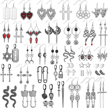 40 Pairs Gothic Earrings Set for Women Men Punk Grunge Y2K Dangle Earrings Bat Cross Snake Skull Goth Jewelry Set