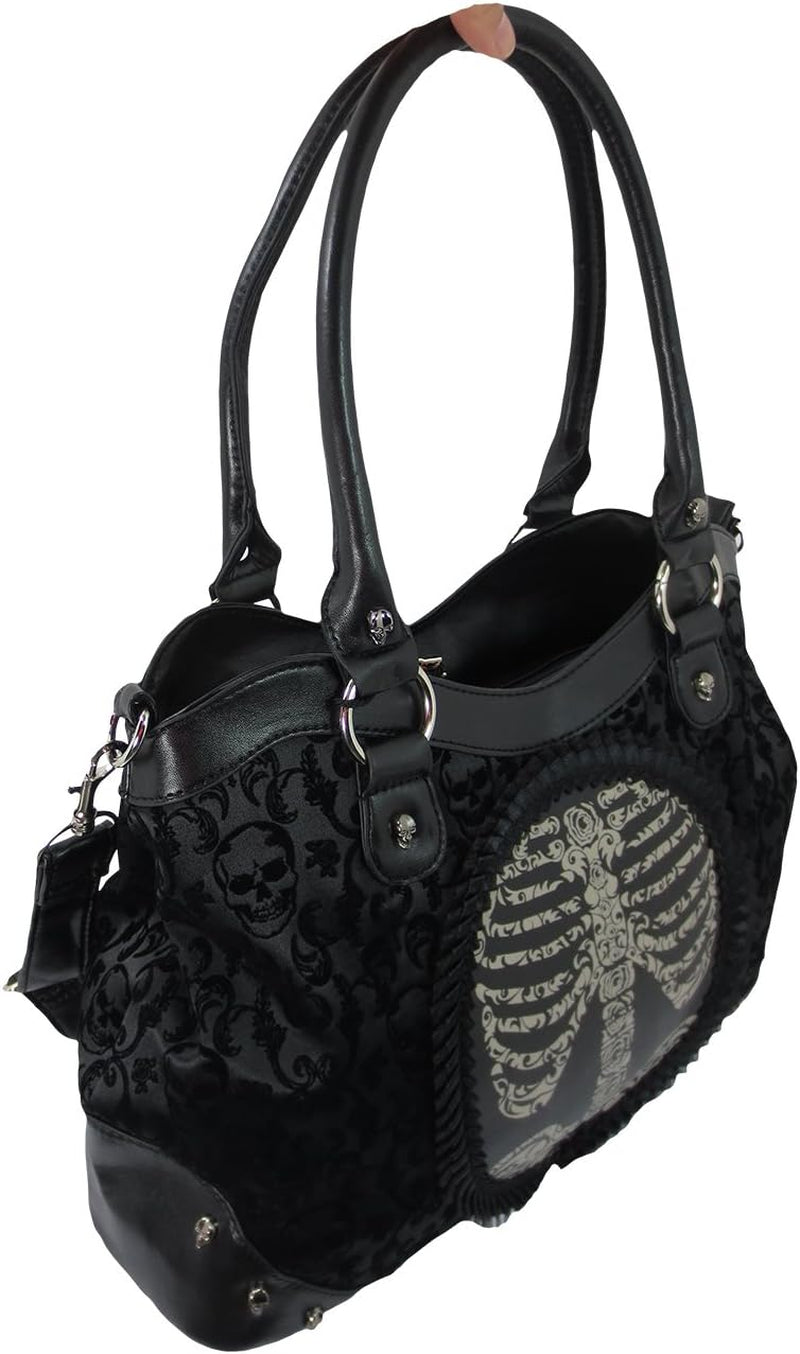 Large black steampunk ribcage skeleton cameo handbag with shoulder strap, gothic elegance and intricate design by Lost Queen.