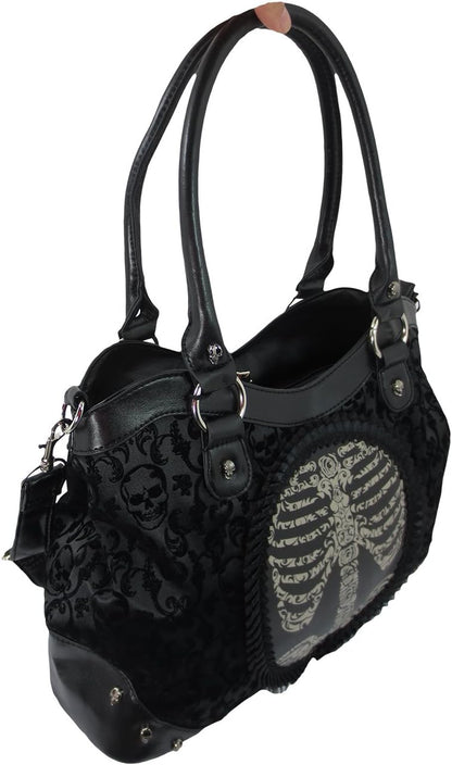 Large black steampunk ribcage skeleton cameo handbag with shoulder strap, gothic elegance and intricate design by Lost Queen.
