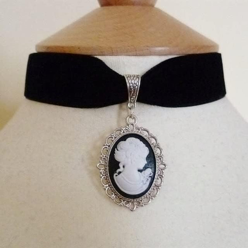 Black velvet princess choker necklace with Victorian crystal cameo by Cykdohy, perfect gothic steampunk jewelry and gift accessory.