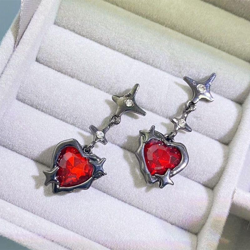 Vintage Gothic Earrings for Women Dangling Rhinestone Red Heart Black Earrings Vampire Costume Cosplay Halloween Party Accessories Jewelry