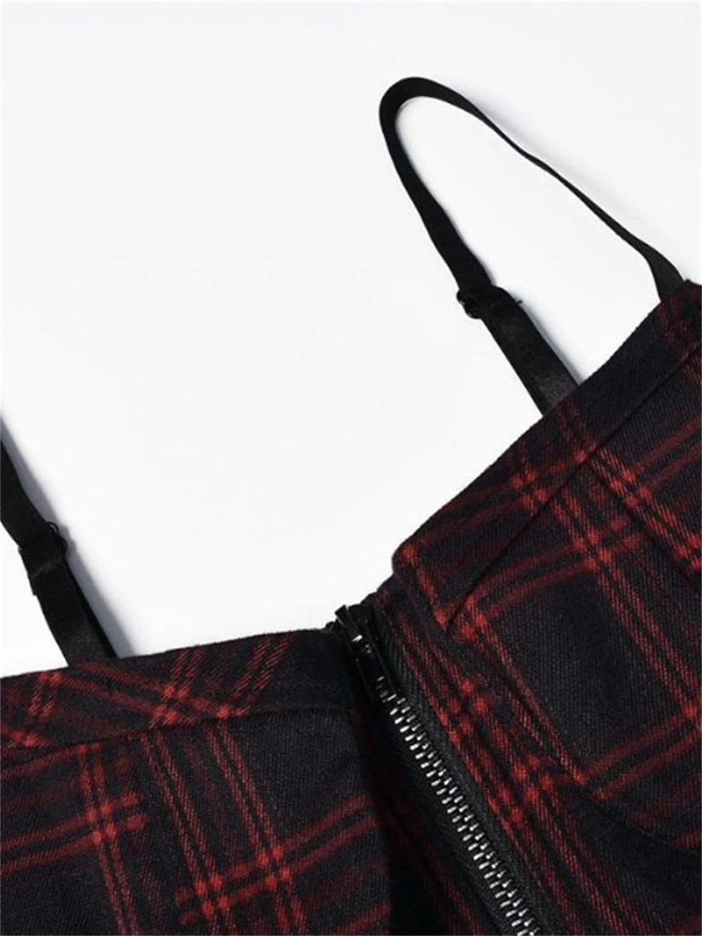 Gothic Lolita plaid mini dress with spaghetti straps, Y2K punk style, from PressureDen.store, perfect for emo alt streetwear fashion.