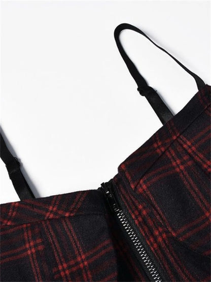 Gothic Lolita plaid mini dress with spaghetti straps, Y2K punk style, from PressureDen.store, perfect for emo alt streetwear fashion.