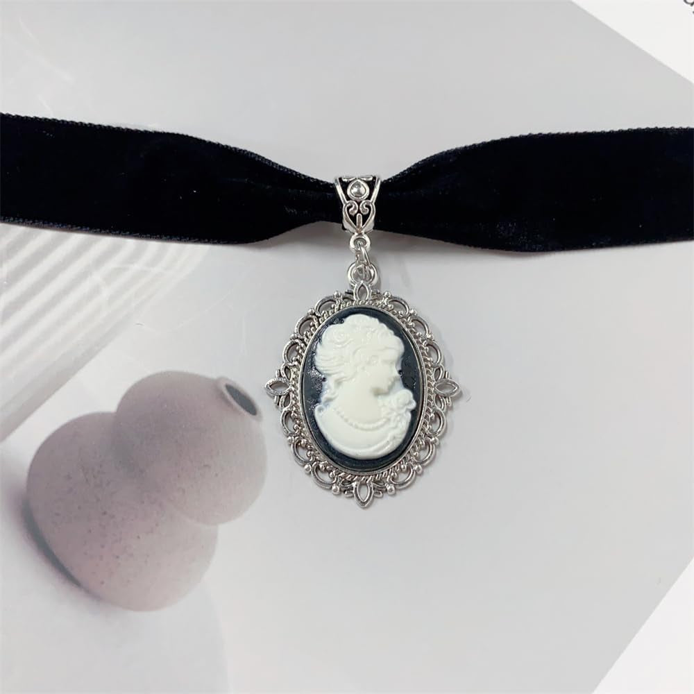 Black velvet princess choker necklace with Victorian crystal cameo, gothic steampunk jewelry by Cykdohy.