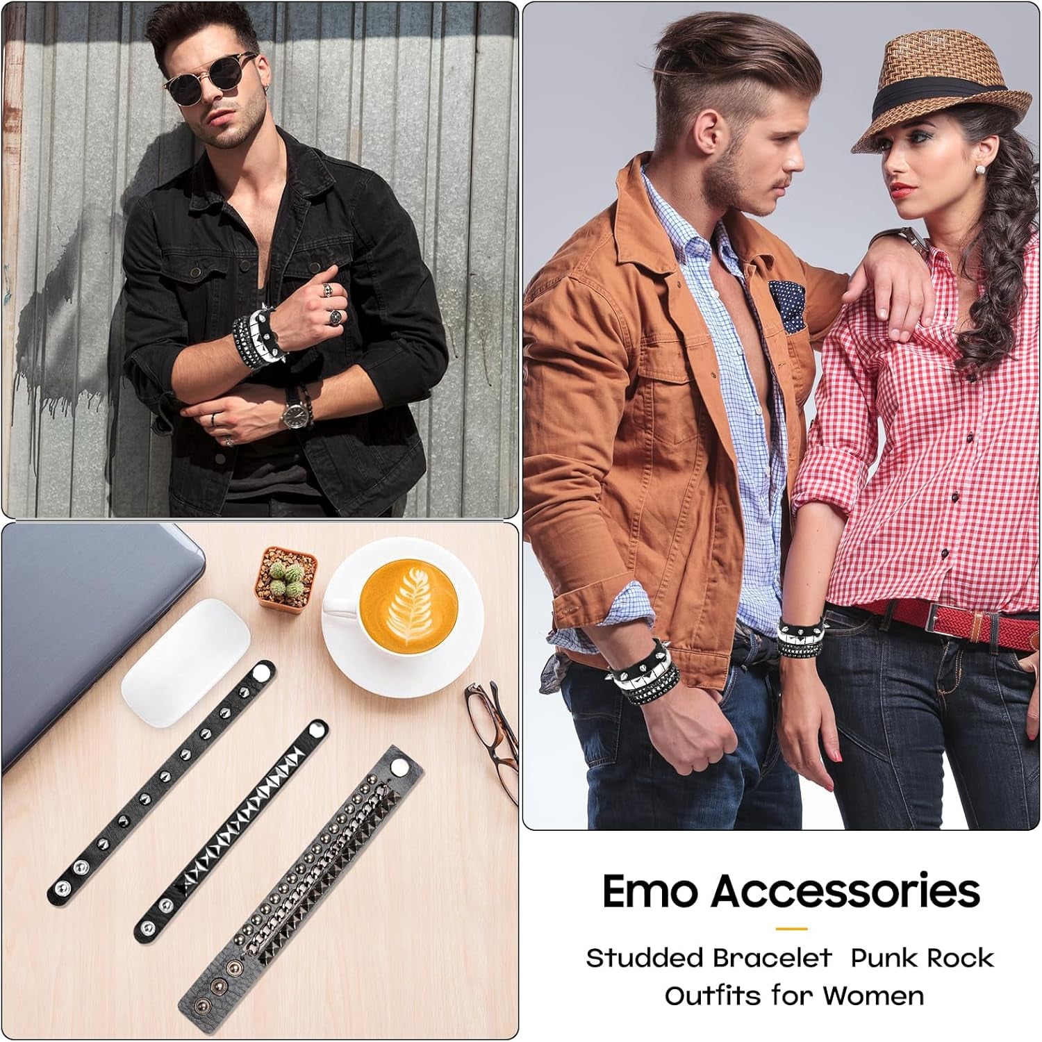 Unisex punk studded bracelet set with rivets and spikes, featuring edgy retro emo jewelry from SNCEAW.