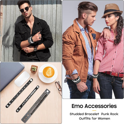 Unisex punk studded bracelet set with rivets and spikes, featuring edgy retro emo jewelry from SNCEAW.