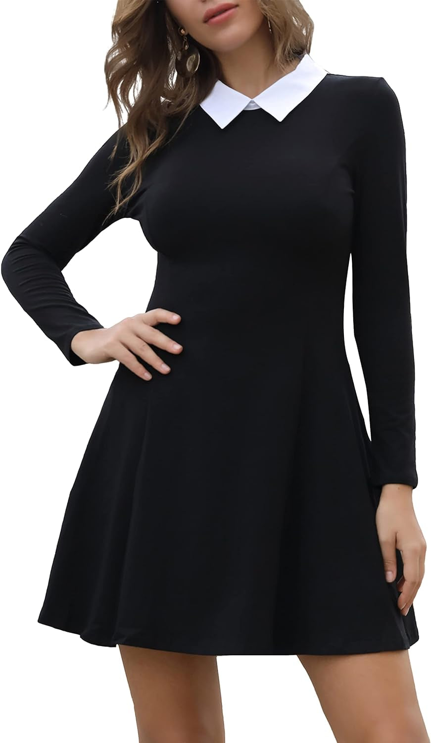 Aphratti women's long sleeve A-line skater dress with Peter Pan collar, perfect for fall goth fashion style.
