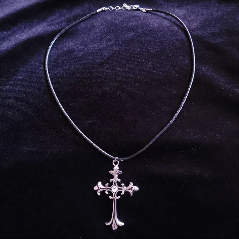 Rhinestone cross choker necklace from PressureDen.store featuring a spiral hippie goth punk design for women.