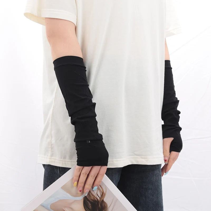Y2K Goth Lolita Anime Thin Solid Gloves JK Kawaii Girl Mitten Ice Silk Long Oversleeve Man Women Sun Block Cuff Fingerless Glove